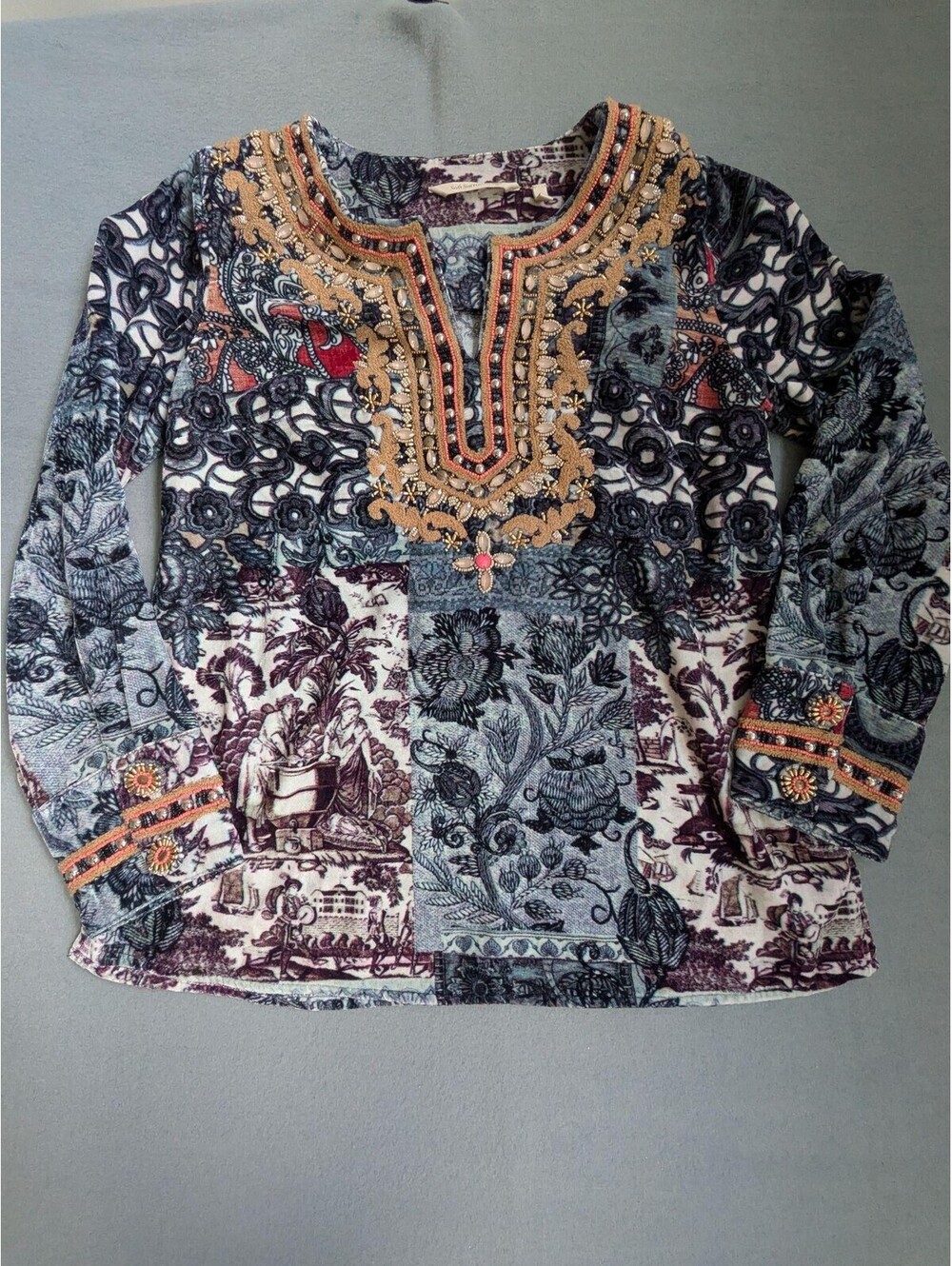 Soft Surroundings Blouse Womens S Multicolor Floral Beaded V Neck Tunic Top Boho